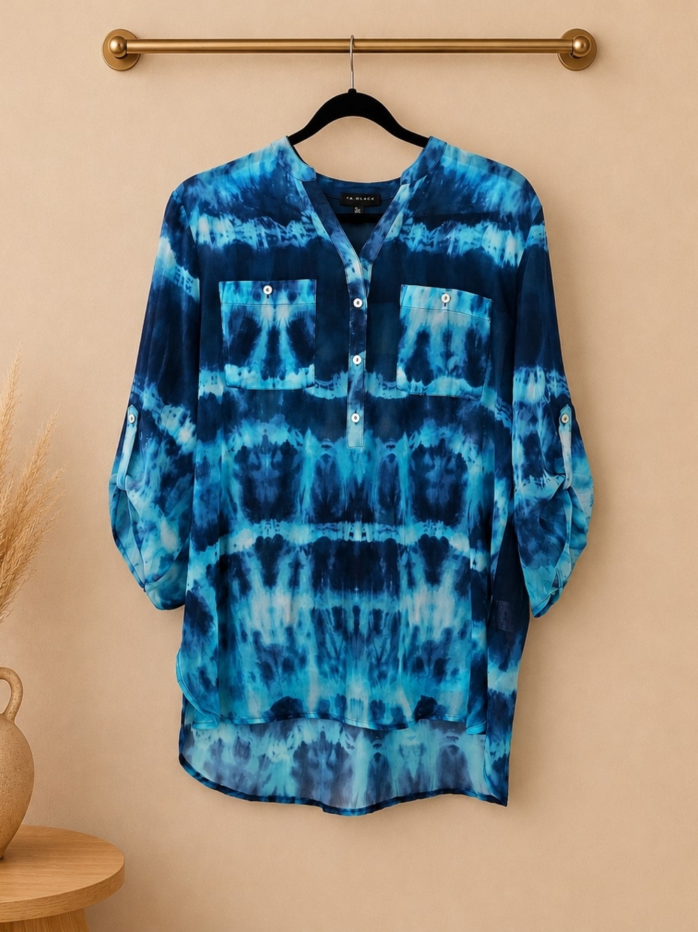 Blue Tie-Dye V-Neck Button Sheer Pullover Blouse